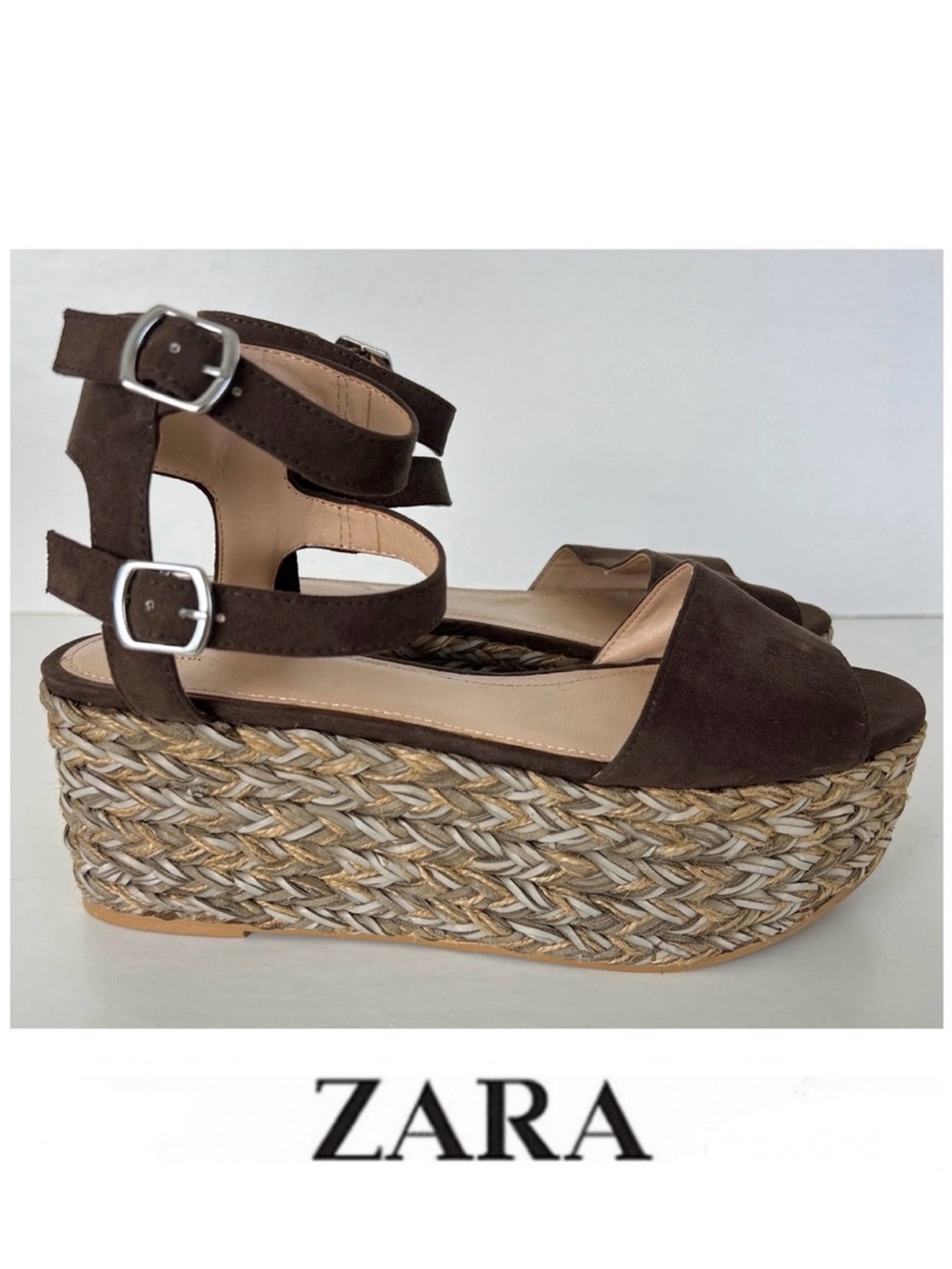ZARA Trafaluc Brown Suede Jute Raffia w Faux Leather Woven Platform Sandal Sz 39